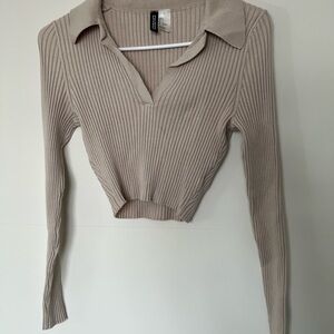 H&M Brown Ribbed Crop Polo Blouse